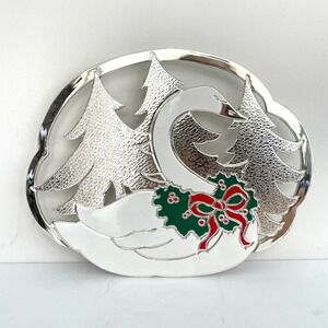 Wm A VTG 80s Rogers Ltd Silver Plate Swan Christmas Trivet Wall Hanging Japan